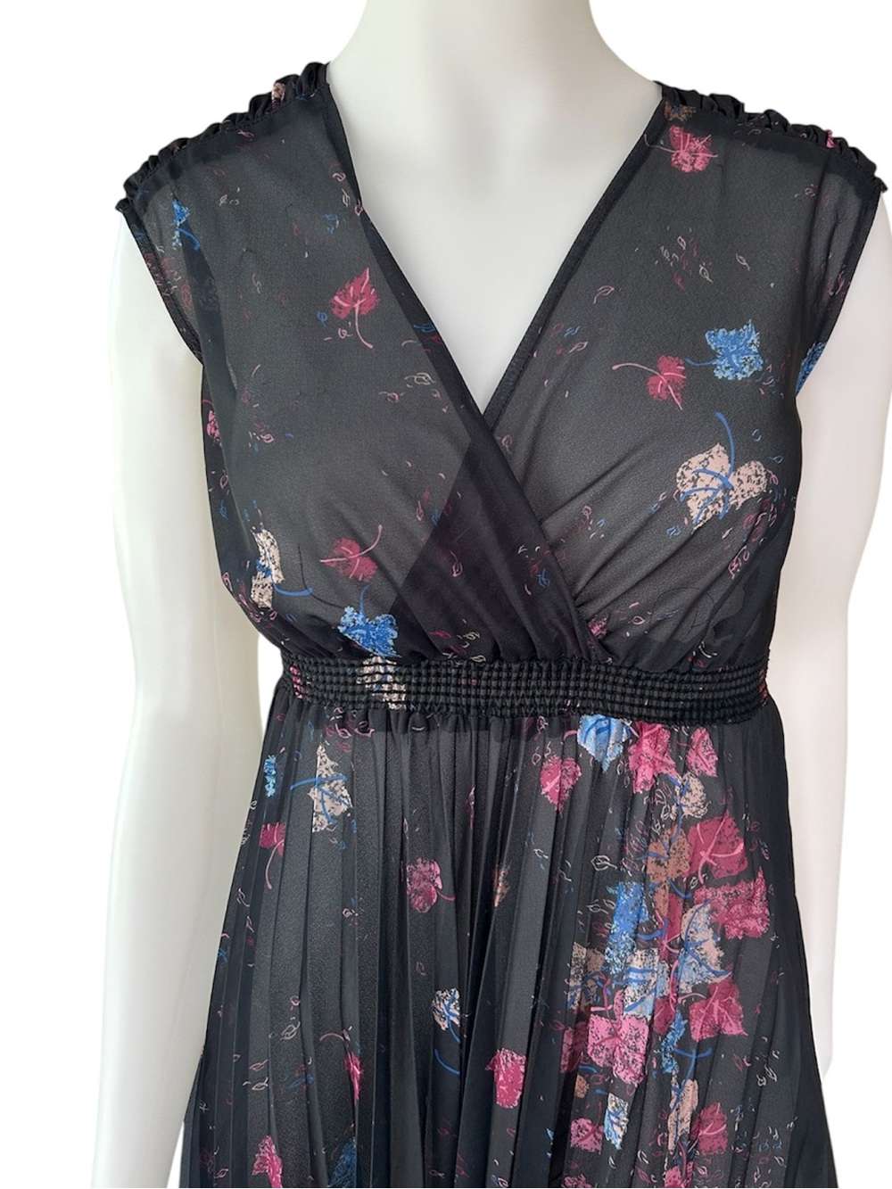 Vintage 70s Sheer Dress Botanical Pleating Feminine Fit & Flare Office Party